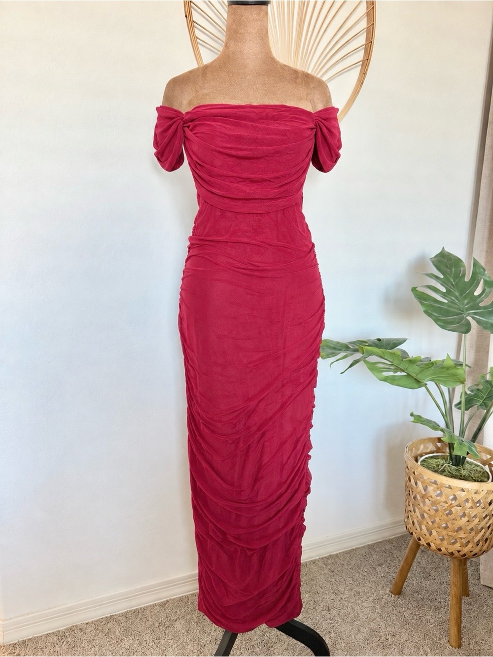 Off-Shoulder Ruched Wedding Guest Maxi Dress in Wine Red